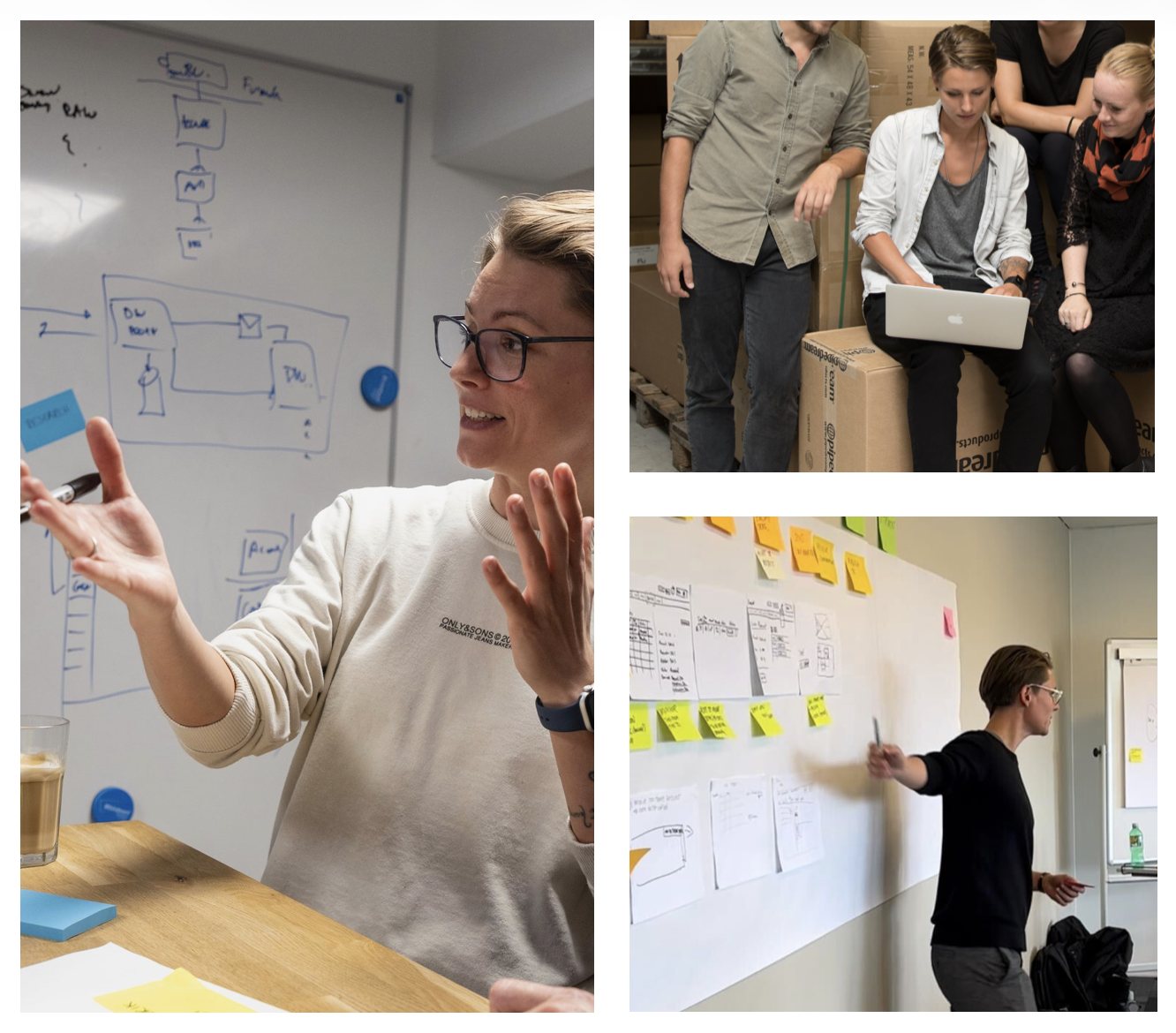 Collage: Sillan faciliterer designworkshops – ved whiteboard, med brugere og med post-its på væggen.